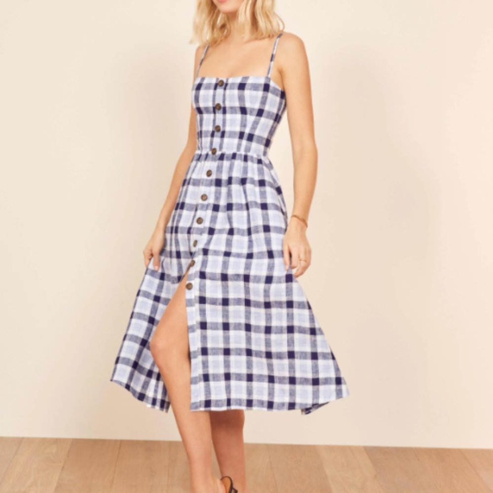 Reformation Tori Dress Cubana Blue Plaid Linen Mid